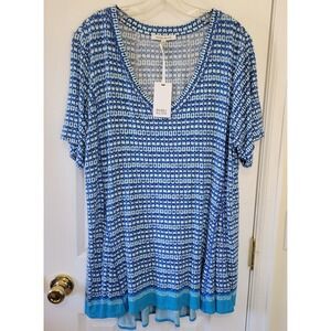 Rose + Olive Blue Geometric Ikat Print V-Neck Top Plus Size 2X NWT